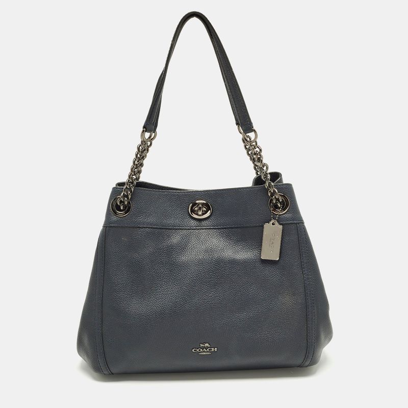 Coach Turnlock Edie Navy Blue Leather Shoulder Bag